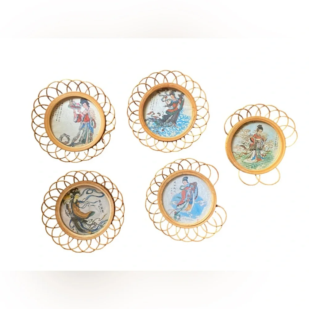 Vintage Japanese Bamboo Coaster Set | Set of S5 Wicker Bamboo Geisha Girl